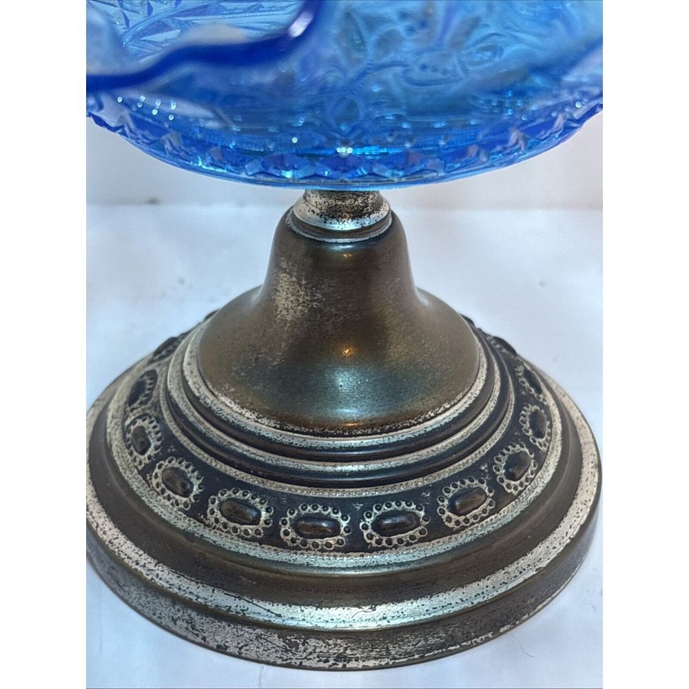 Blue Crimped Ruffled Candy Dish Compote Art Glass 6 Star Paisley Pattern - Picture 3 of 12